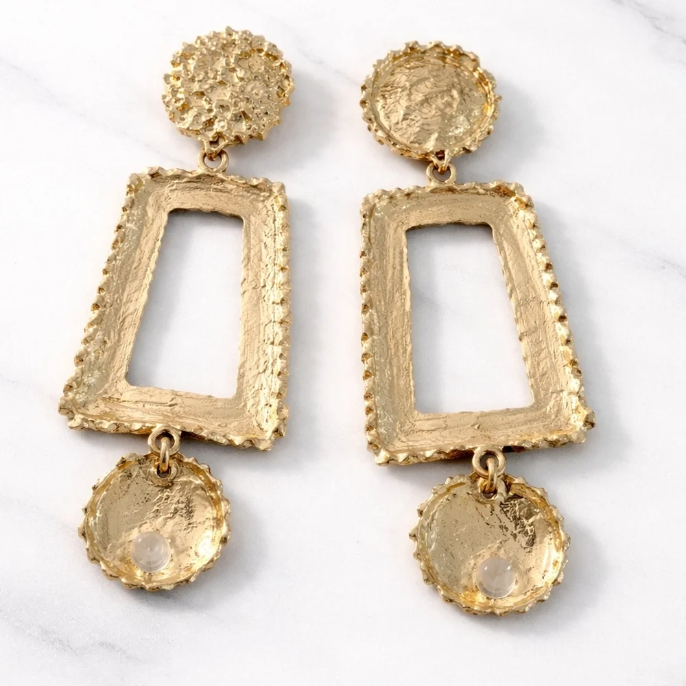 Gold Textured Drop Statement Earrings.